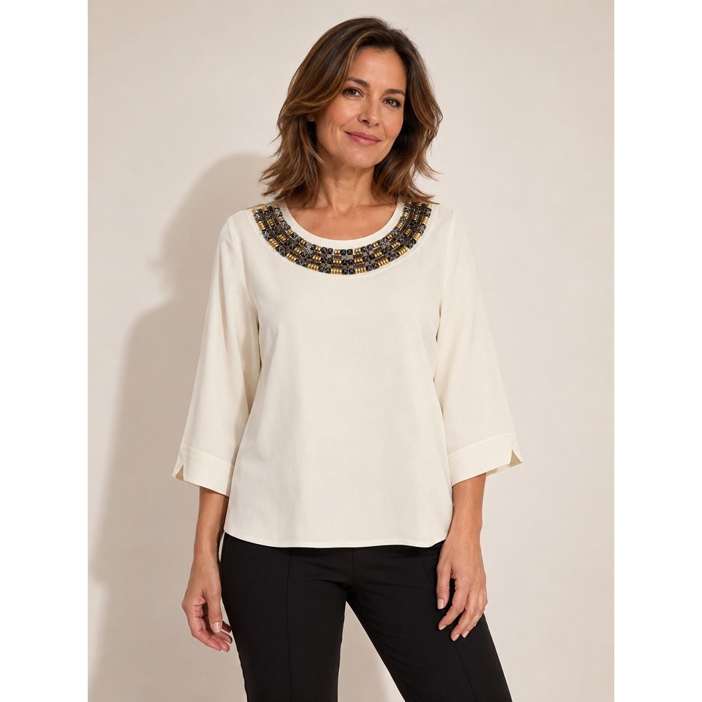 Lino USA Linen Blend Embellished Neckline Blouse Ivory 1X 3/4 Sleeve #49 Top